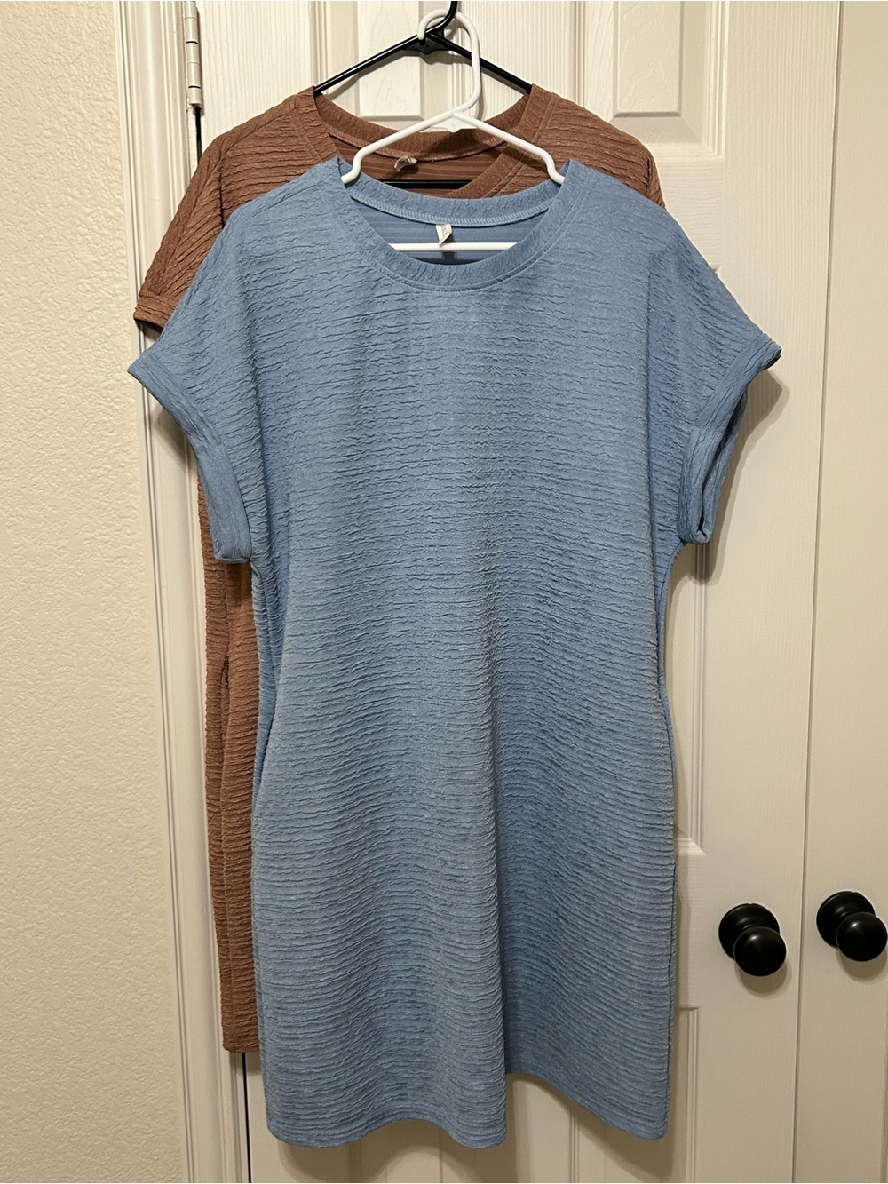 Casual Short Sleeve Ribbed Shift Dress - Light Blue and Blush Rose Bundle XL